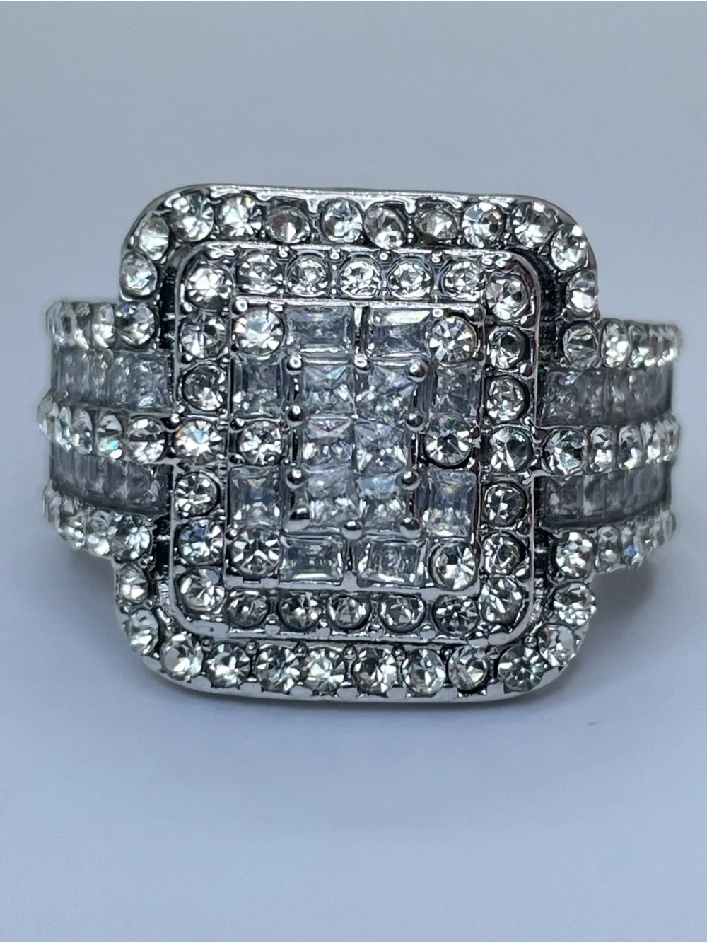 Pave Diamond White CZ Cluster Statement Ring Silver Bold Square Halo Glam